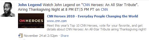 John Legen's post on Facebook about CNN Heroes